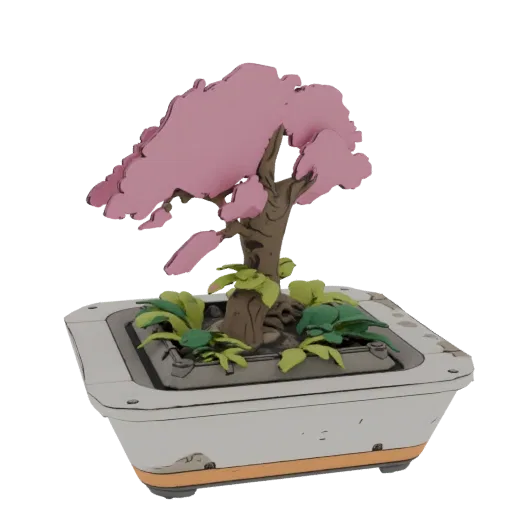 Una renderización 3D de un árbol de bonsái de flor de cerezo estilizado con flores rosas en una maceta geométrica, sobre un f