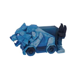 Modello 3D di una testa d'orso di ghiaccio geometrica blu su un camion, renderizzato su sfondo bianco.