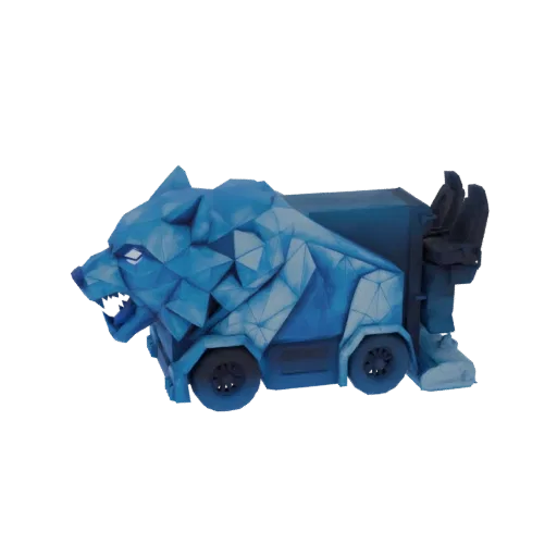 Modelo 3D de uma cabeça geométrica de urso de gelo azul em um caminhão, renderizado sobre fundo branco.