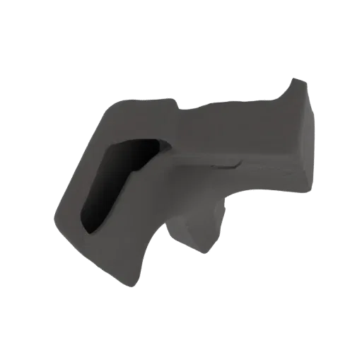 Um modelo 3D de pegada abstrata cinza escuro, com acabamento fosco e liso, apresentado contra um fundo branco.