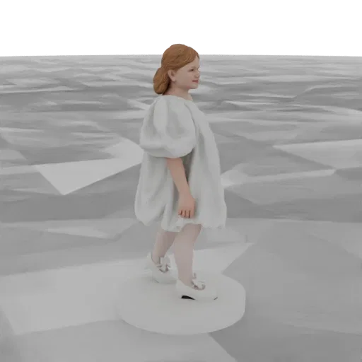 3D model of a young girl with auburn hair in a white puff sleeve dress, standing on a circular base.