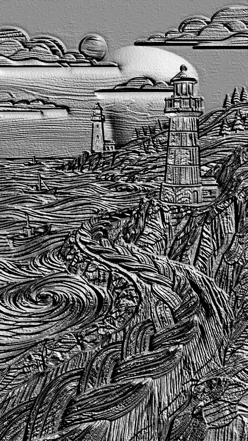3D model of a bas-relief with a lighthouse on a rocky shore, surrounded by stormy waves and a cloudy sky.