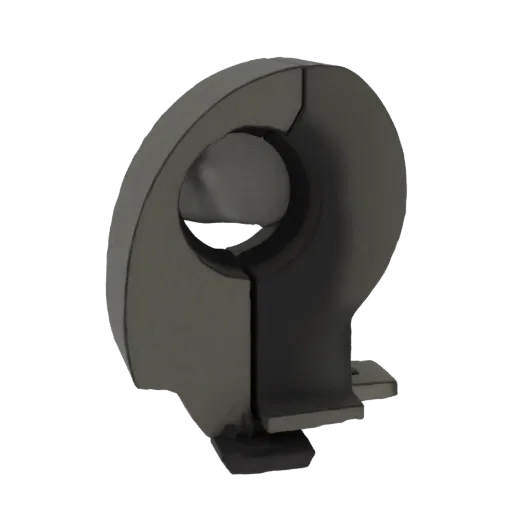 Modello 3D di un morsetto a fascetta divisa grigio scuro con base di montaggio, mostrato da un'angolazione laterale su sfondo