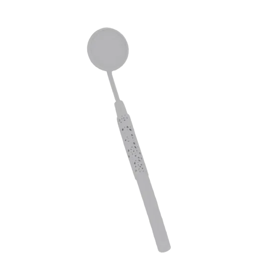 3D model of a dental mirror with a round reflective head and a light gray handle featuring a decorative perforated pattern.