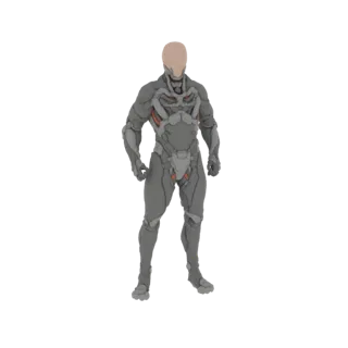 3D model of a futuristic cybernetic warrior armor with gray plating and orange accents, standing in a neutral pose.