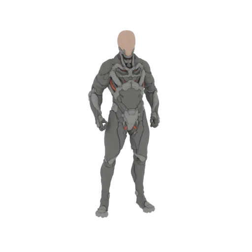 3D model of a futuristic cybernetic warrior armor with gray plating and orange accents, standing in a neutral pose.