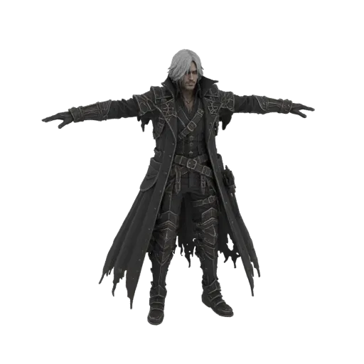 3D model of a male character with silver hair, wearing a long black gothic trench coat and detailed armor, arms outstretched.