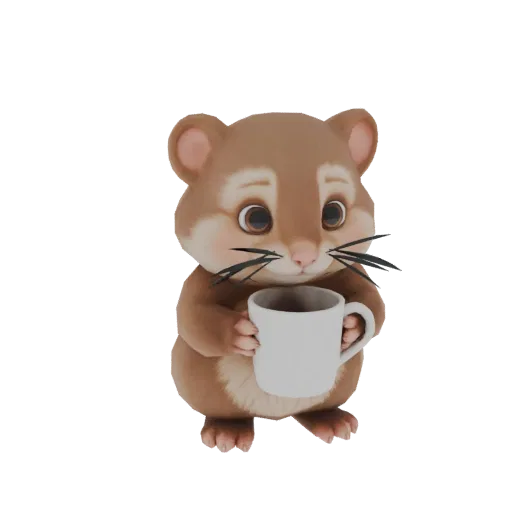 A 3D render of a cute, fluffy brown hamster holding a white coffee mug with both paws, looking directly at the viewer with la