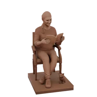 Modelo 3D de uma mulher lendo um livro em uma poltrona com um gato a seus pés, renderizado em material de terracota.