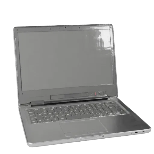 Business Laptop Realistic 3D model, three-quarter studio render, showing brushed metal, open lid angle.