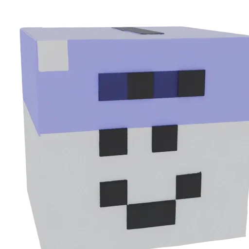3D render of a pixelated cube character with a purple head and white body, featuring black square eyes and a smiley face.