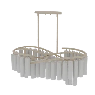 3D model of a modern oval chandelier with a brushed gold frame and numerous clear crystal rods hanging down.