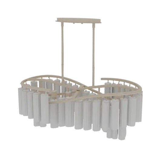 3D model of a modern oval chandelier with a brushed gold frame and numerous clear crystal rods hanging down.