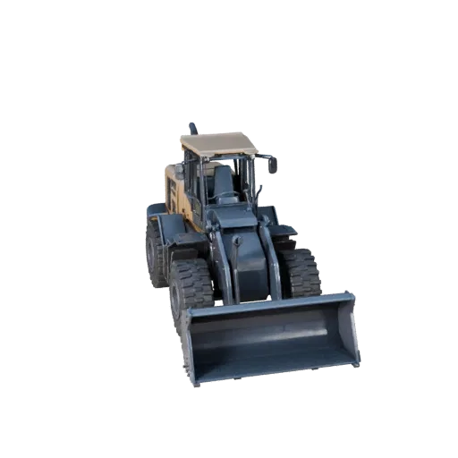 Mining Wheel Loader 3D model, side profile view, technical viewport render, showing painted steel, form detail.