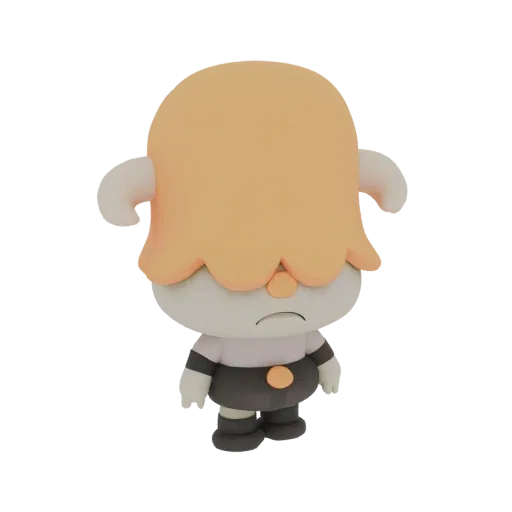 A 3D render of a sad ghost character with a large orange mass for hair, a grey body, and a dark outfit, set against a white b