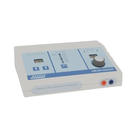 3D model of a white medical device with a digital screen, a large gray knob, and red and blue input ports.