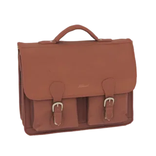 3D model of a brown leather satchel with two front pockets, buckle closures, and a top handle, presented on a white backgroun