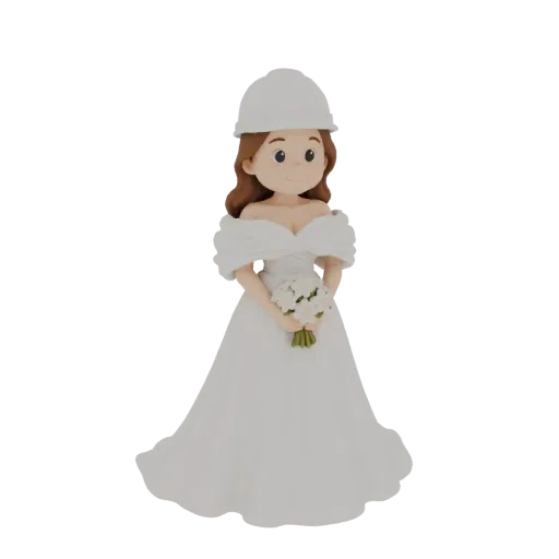 3D model of a bride wearing a white wedding dress and a white hard hat, holding a bouquet of white flowers.