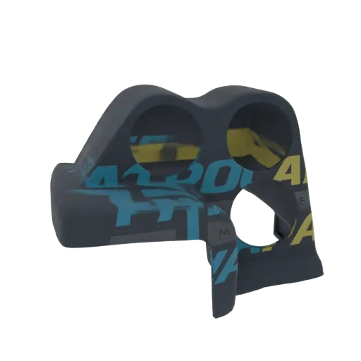 3D model of a futuristic dual gauge pod with abstract blue and yellow graphics, shown against a black background.