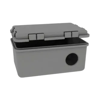 3D model of a gray, rectangular weatherproof electrical junction box with its lid open, showing a circular cable entry hole o