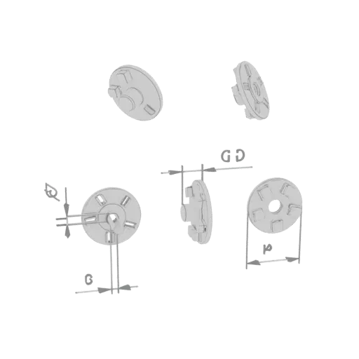 3D model render of a circular flange with a central hub and six evenly spaced mounting holes.