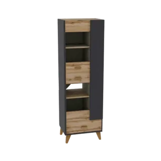 3D model of a tall, narrow cabinet with a mix of natural wood shelves and drawers, and dark gray exterior panels, standing on