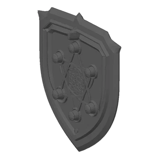 3D model of an ornate hexagonal shield with a central star-like pattern and six raised circular accents, rendered in grayscal