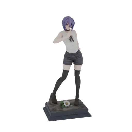 3D model of an anime girl with purple hair, wearing a white top and black shorts, standing on a base with a white flower.