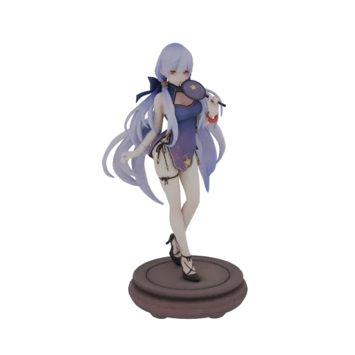 3D model of an anime girl in a blue dress with stars, holding a fan, with long lavender hair and red eyes, standing on a circ