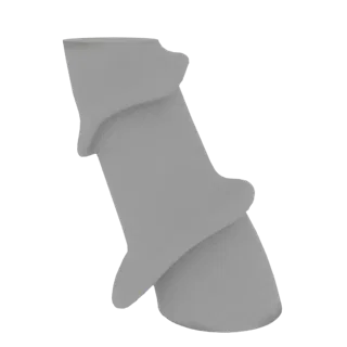 A 3D render of a smooth, matte gray abstract sculptural form with flowing, organic curves against a white background.