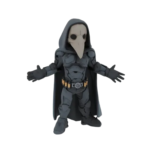3D model of a chibi plague doctor wearing a hooded cloak and a long beak mask, with arms outstretched.