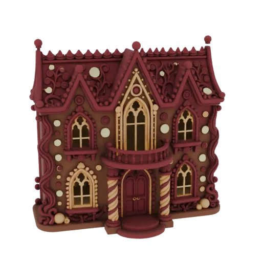 3D model of a gothic-style gingerbread house with red icing, white accents, and decorative window details.