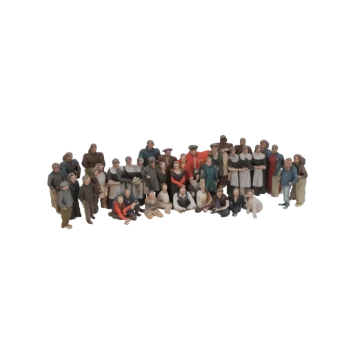 A 3D render of a group of historical village figures, including men, women, and children, posed together.