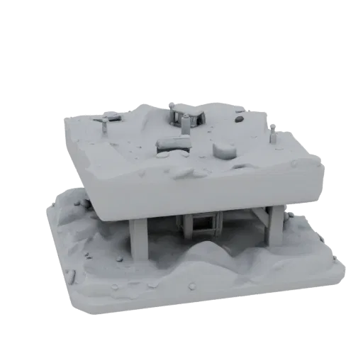 Snowy Ambush Base Printable 3D model, isometric tabletop STL render, showing sculpted terrain, snow banks.