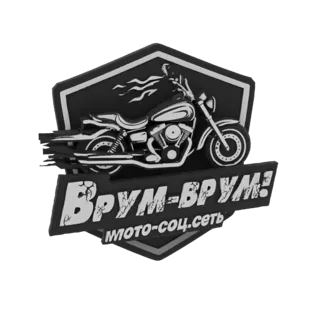 3D-Modell eines schwarz-weißen Motorrad-Emblems mit 'Vroom-Vroom!'-Text