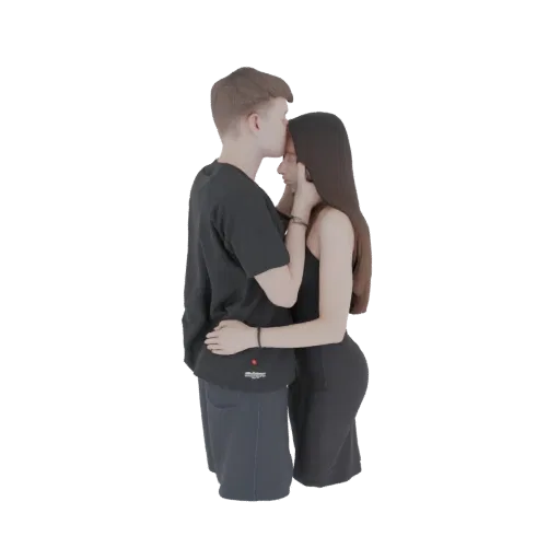 Modèle 3D d'un jeune couple dans une étreinte tendre, l'homme embrassant le front de la femme, sur fond blanc.