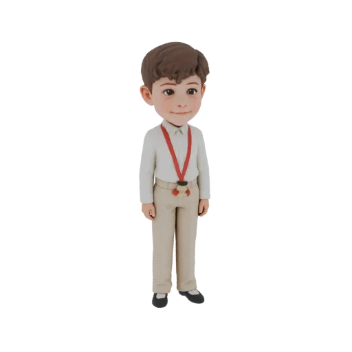 Modello 3D di un bambino con camicia bianca, pantaloni beige e laccetto rosso, in piedi con un leggero sorriso.