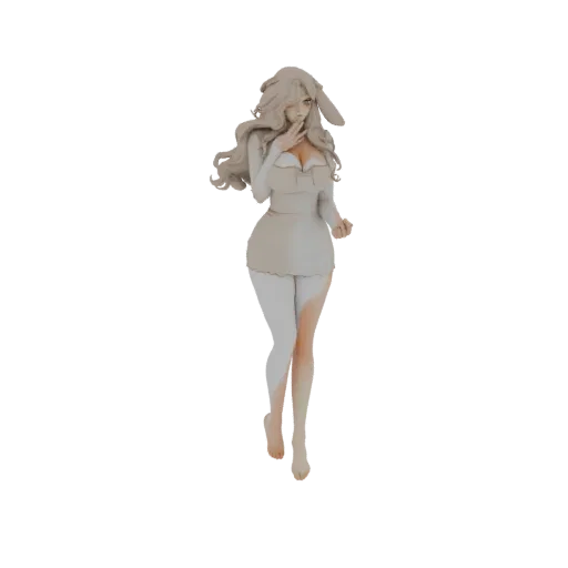 Modelo 3D de menina coelho com cabelos longos e orelhas de coelho, em acabamento neutro e sem pintura, posando de forma brinc
