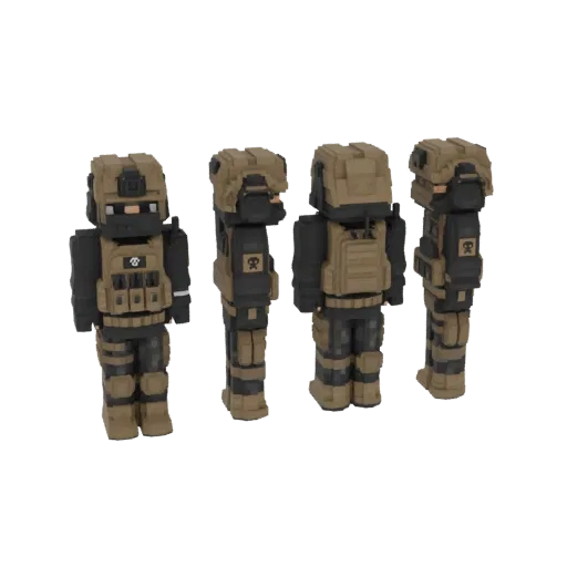 A voxel art 3D model of a tactical soldier in tan and black military gear, shown from multiple angles.