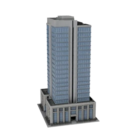 Residential Skyscraper realistic 3D model, three-quarter exterior view, showing commercial office building materials and arch
