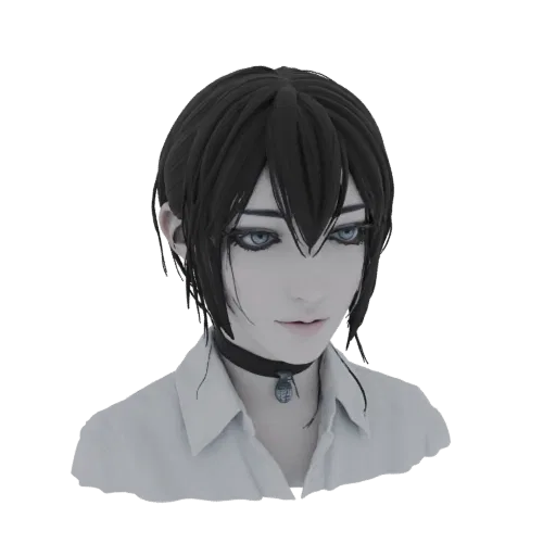 3D-Render einer Anime-Mädchen-Büste mit kurzen schwarzen Haaren, blauen Augen und einem schwarzen Choker, die ein weißes Hemd