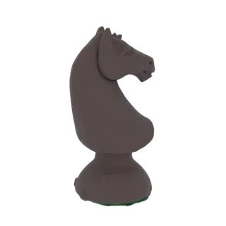 Rendu 3D d'un cavalier d'échecs gris foncé, vu de côté sur fond blanc.