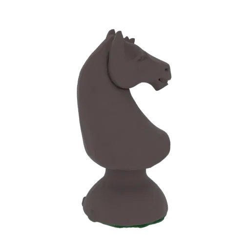 A 3D render of a dark gray knight chess piece, viewed from the side against a white background.