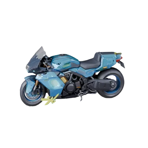 Modello 3D di moto cyberpunk pronta per il gioco, vista studio a tre quarti, asset veicolare pronto per la produzione con pan