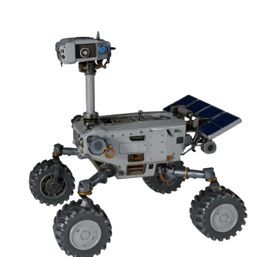 Ice World Planetary Rover 3D model, three-quarter front view, Unity viewport, showing dusty wheels, vehicle stance.