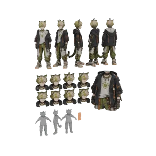 Vista previa del modelo 3D de un personaje anime chico gato con pelo verde, vistiendo una sudadera con capucha negra sobre un