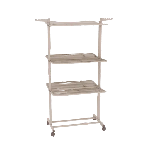A 3D model of a light-colored, three-tier rolling utility cart with shelves and wheels, presented on a white background.