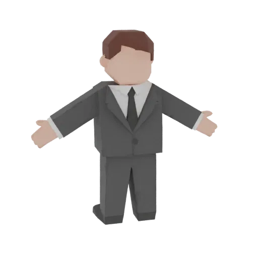 A low poly 3D model of a businessman in a grey suit with arms outstretched, presented in a T-pose against a white background.