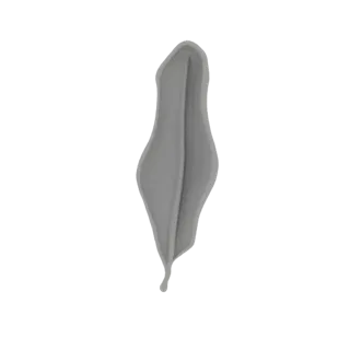 Uma renderização 3D de uma escultura abstrata de folha cinza, lisa e com curvas elegantes, apresentada sobre um fundo branco.