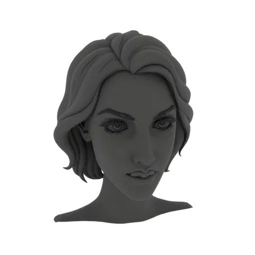 A stylized 3D model of a female head bust with dramatic sculpting and an intense expression against a black background.